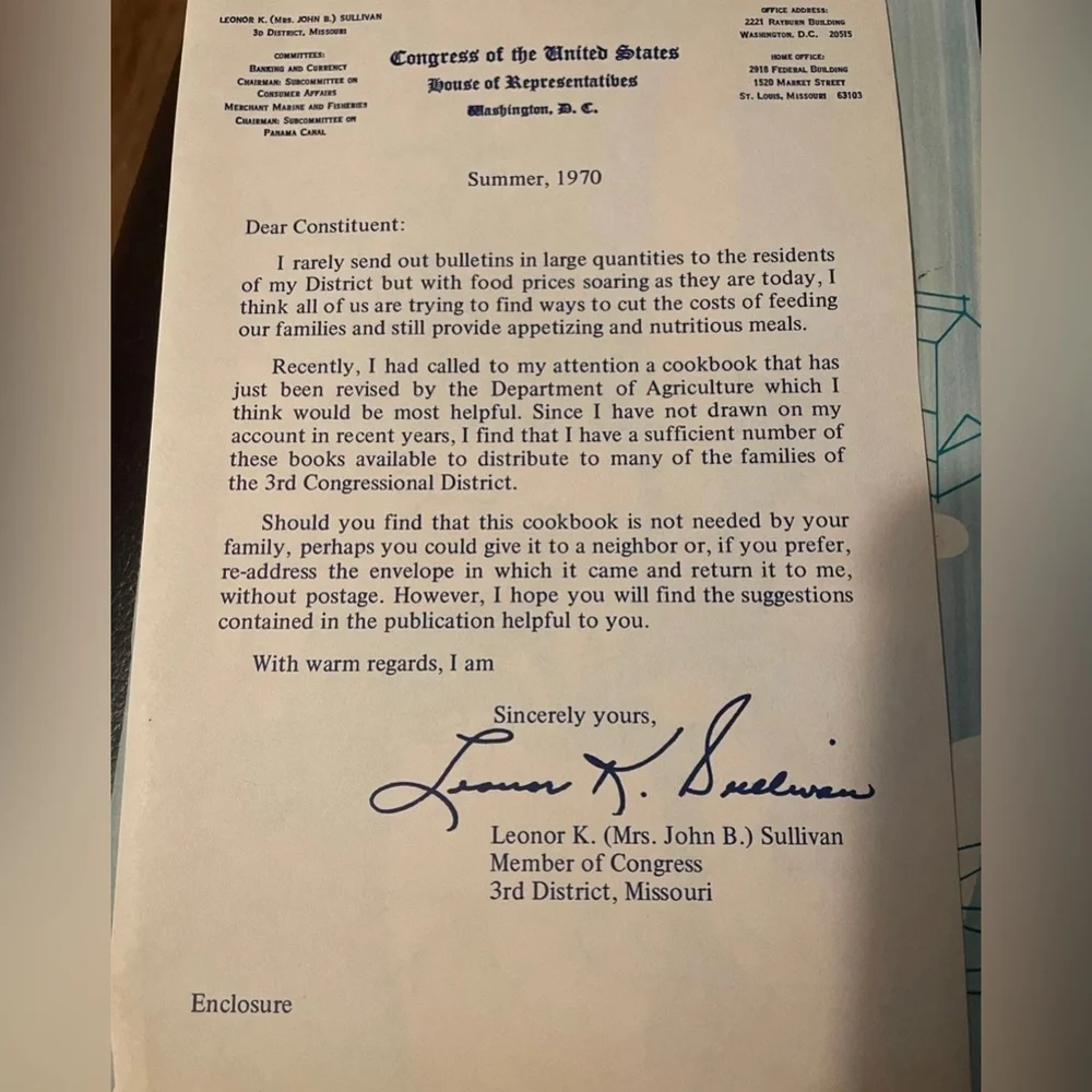 Vintage usda nutrition cookbook save money w/ original letter from Congress